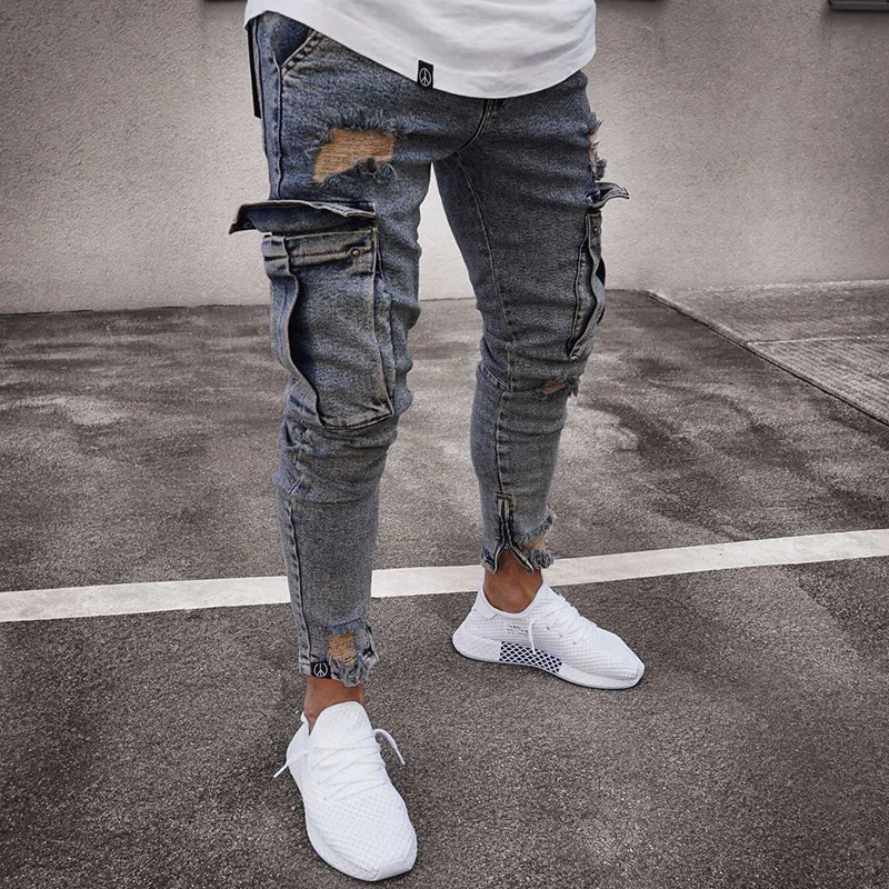 

Mens Stretchy Skinny Ripped Jeans Men Side Pocket Washed Slim Denim Pants Biker Jeans Fashion Sweatpants Hip Hop Trousers Jogger