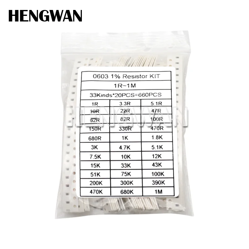 660PCS 0201 0402 0603 0805 1206 1% SMD Resistor Assorted Kit 33Values Each 20pcs 1R-1M 10K 100K 1K 100R Resistance Set smd resistor