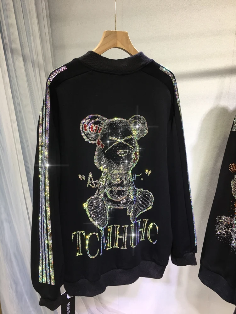 

High Quality Bear Hot Drilling Women Cardigans Top Autumn Winter Thicken Fleece Jacket Mid-long O-neck Streetwear Black Coat