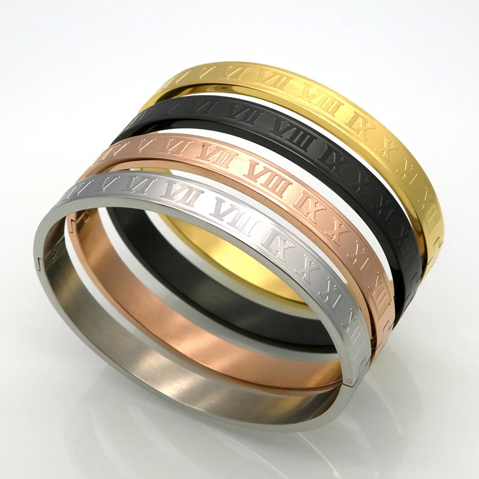 

Men And Women Stainless Steel Rose Gold Color Couples Bracelet Carving Roman Numeral Lover Cuff Bracelet Bangle Wedding Jewelry
