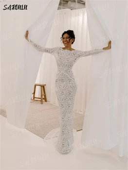 Abiti da sposa eleganti in pizzo 2025 Guaina lunga Abito da sposa Boho Abito da sposa completo a maniche lunghe Abiti da sposa senza schienale personalizzati