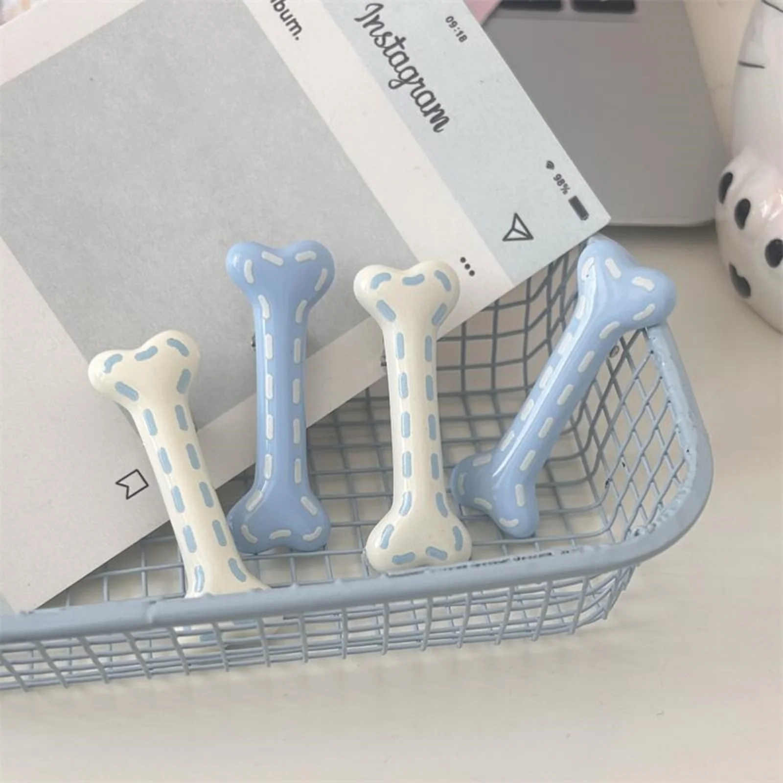 2PCS Cute Bone - Shaped Hair Clips, Blue & White Kawaii Hair Accessories, Perfect for Daily Styling