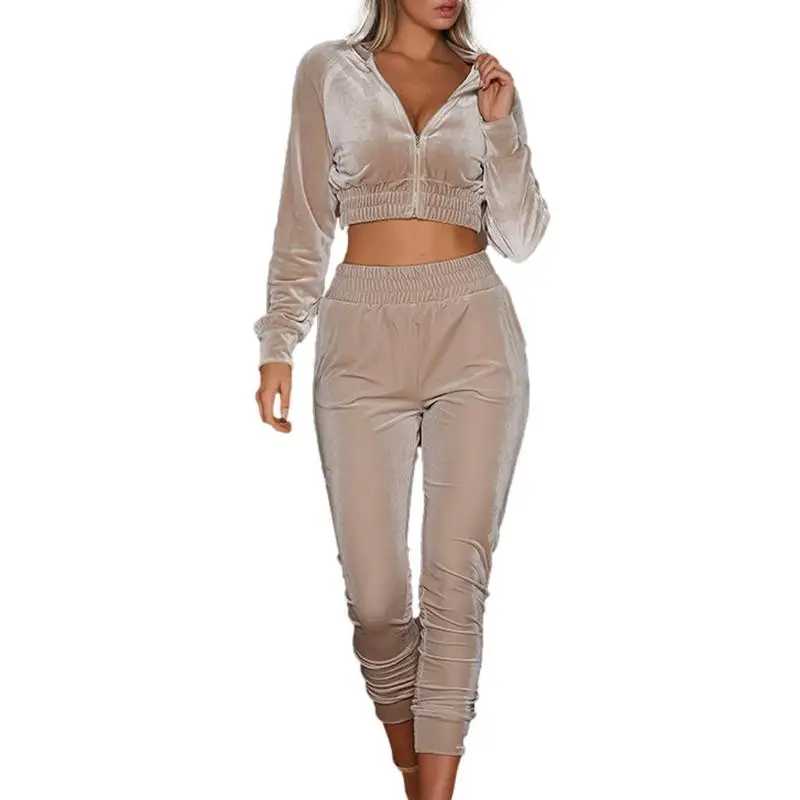 

Hooded Short Top And Wide-leg Pants Velvet Suit Suit Velvet Sportswear Women's Two-piece Autumn And Winter Clothes Long Sleeves