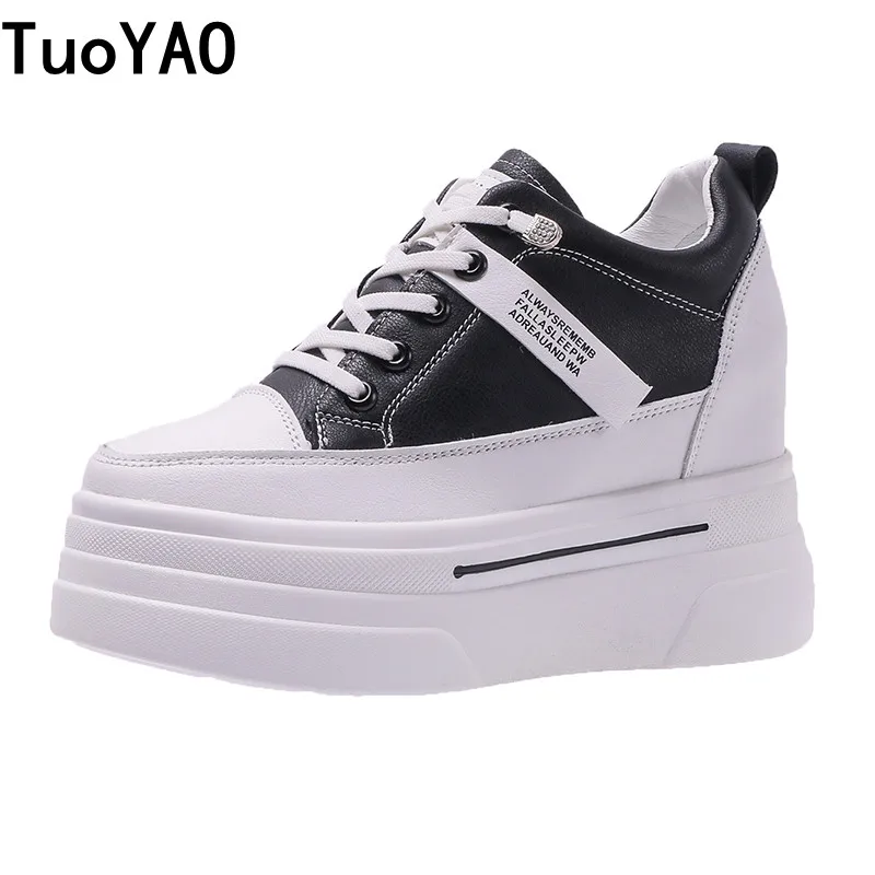 Women Breathable Leather Sneakers Laceup 9cm Running Flat Chunky Shoes