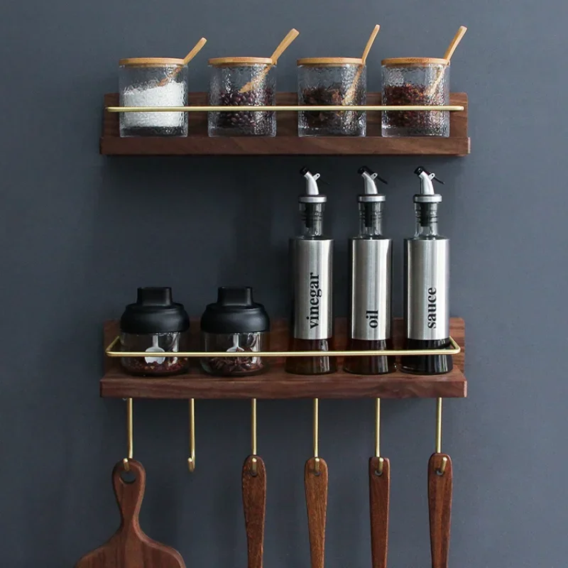 Kitchen Spice Bottle Storage Wooden Rack Multifunctional Wall Hanging Rack Kitchen Solid Brass Hook Bathroom Storage Towel