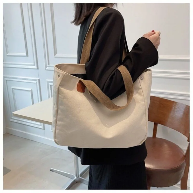 New Fashion Monochrome Canvas Large Capacity Handbag for Women Reusable Large Capacity Shopping Storage Bag for Students