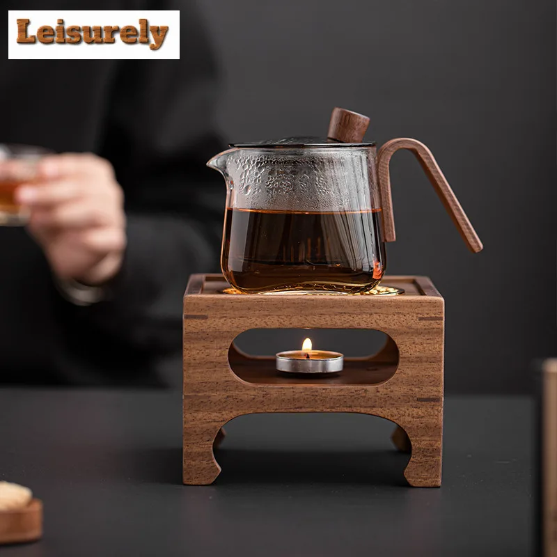 Walnut Wood Square Tea Warmer Set Glass Side Handle Teapot For Home Warm Brewing Tea Kettle Heating Base Kung Fu Tea Ceremony