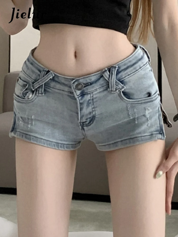 

Jielur Summer Split Fake Zippers Sexy Women Denim Shorts Slight Stretch Washed Solid Color Distressed High Waist Female Shorts