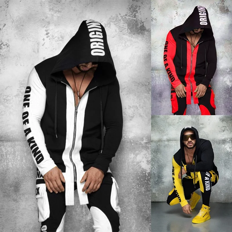 Hip Hop Activewear Men's Cool Hoodies Set 2 Piece Sweatsuit Hooded Jacket and Pants Letter Print Jogging Suit Patchwork Tracksui