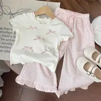 Ensembles de vêtements pour enfants, haut à manches courtes avec nœud + pantalon à jambes larges à carreaux, ensemble de 2 pièces, vêtements pour enfants en bas âge 1