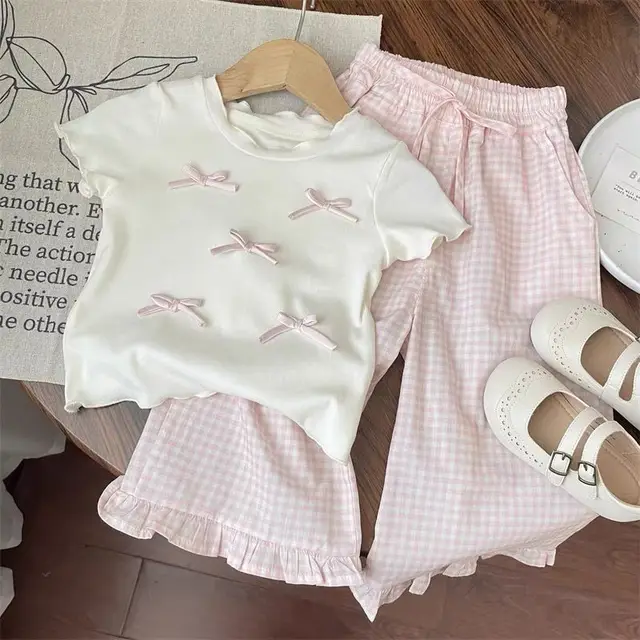 Ensembles de vêtements pour enfants, haut à manches courtes avec nœud + pantalon à jambes larges à carreaux, ensemble de 2 pièces, vêtements pour enfants en bas âge 1