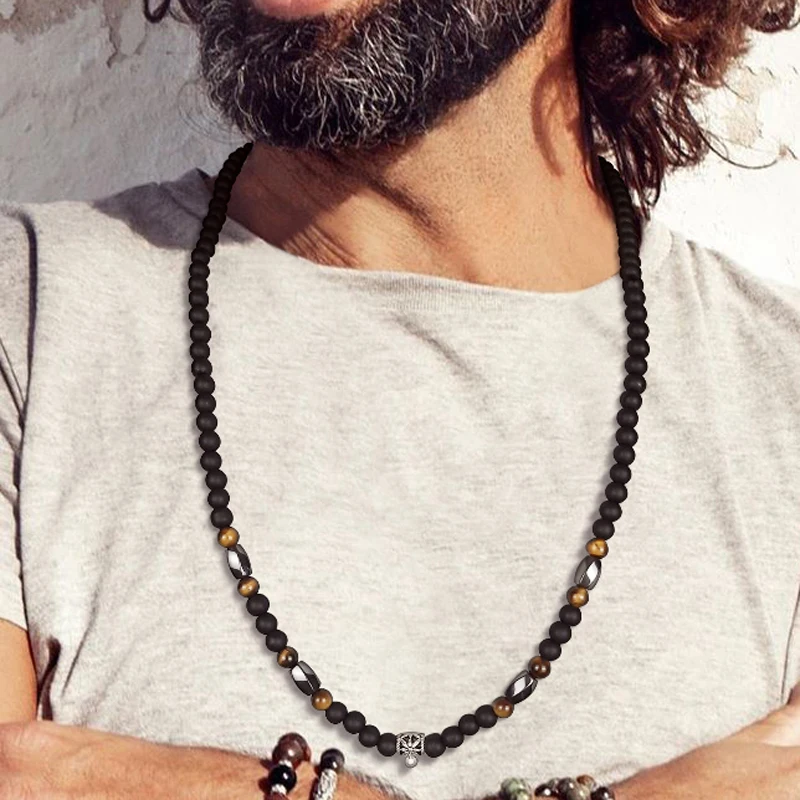 Beaded necklace MENS BOHO LONG BEADED NECKLACE WITH TIGER EYE BEADS FOR MEN TIBETAN MALA BEADED NECKLACE