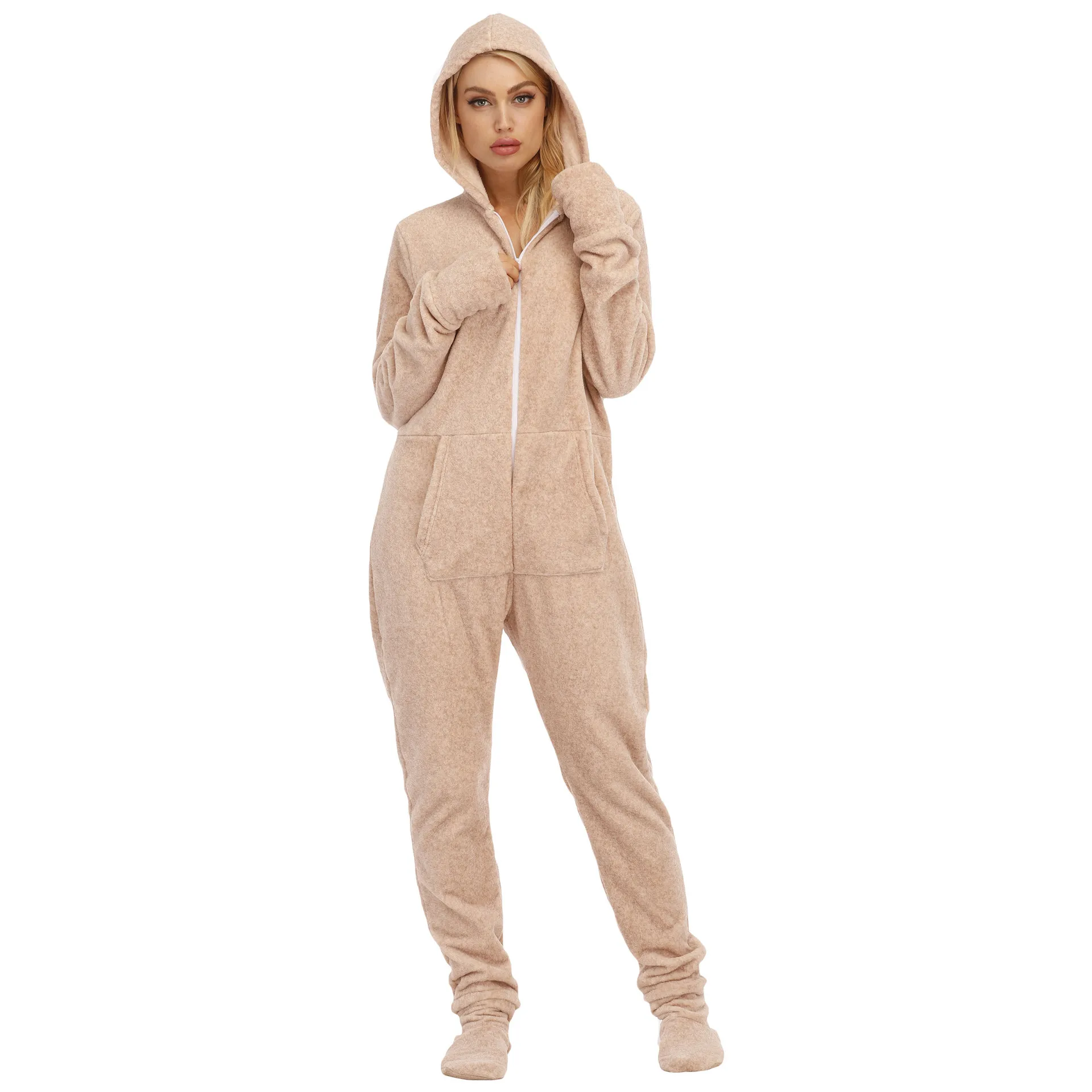 Solid Color Flannel Long Sleeve Onesies Casual Comfortable Zipper Women Homewear Soft Jumpsuit Pajama