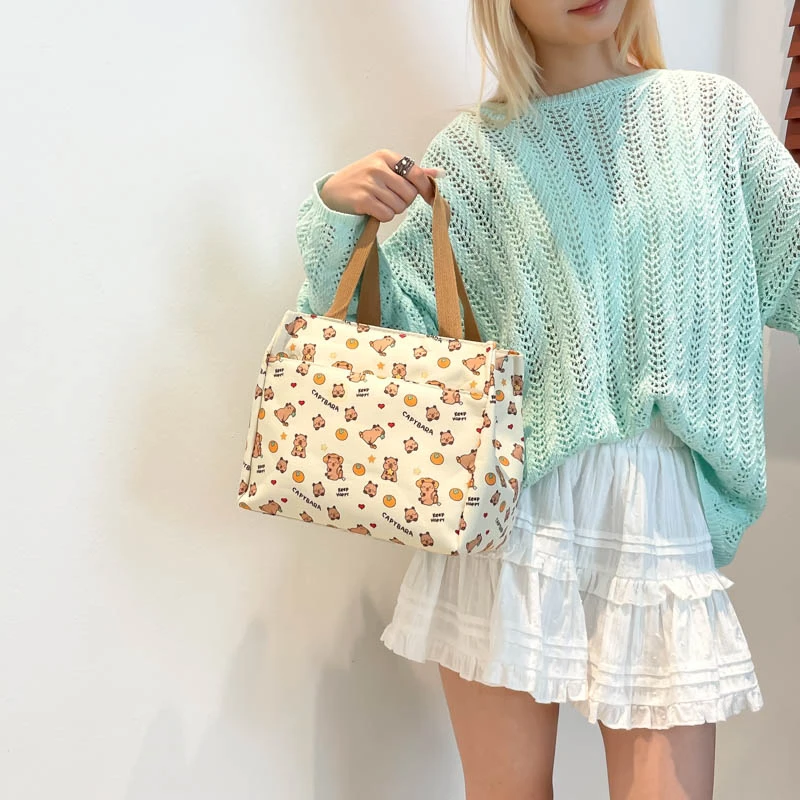 Women Canvas Cute Printed Handbag Large Capacity Adorable Capybara Tote Wear Resist Nylon Student Shoulder Bag Trip Beach Bag