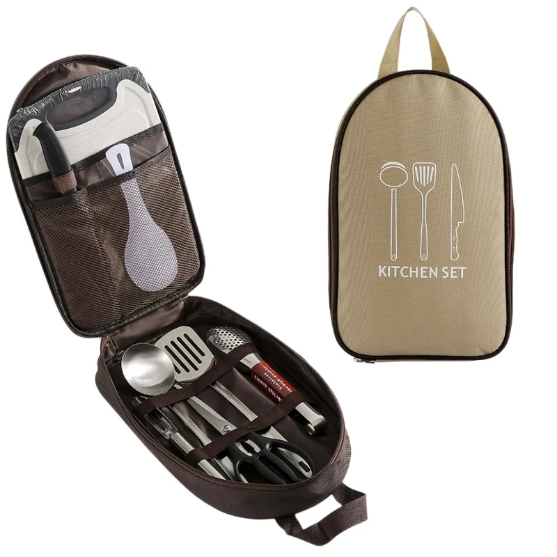 

Camping Kitchenware 8-Piece Suit Outdoor Portable Stainless Steel Picnic Kitchen Knife Scissors Spatula Soup Spoon Tableware
