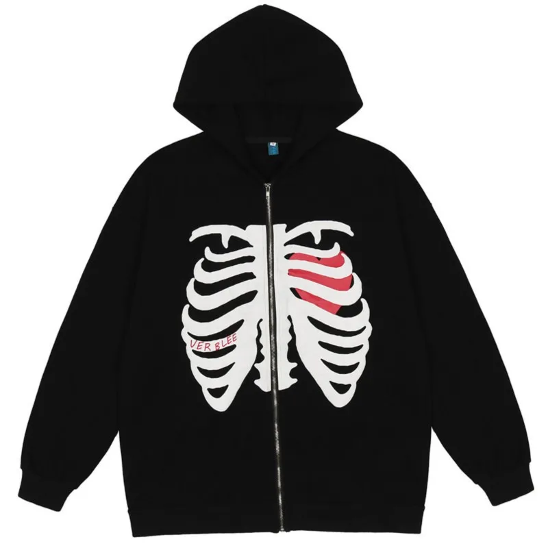 

Dark Style Skeleton 2023 Autumn And Winter Man New Ins Street Popular Printing Zipper Coat Loose Casual Hooded Sweatshirts