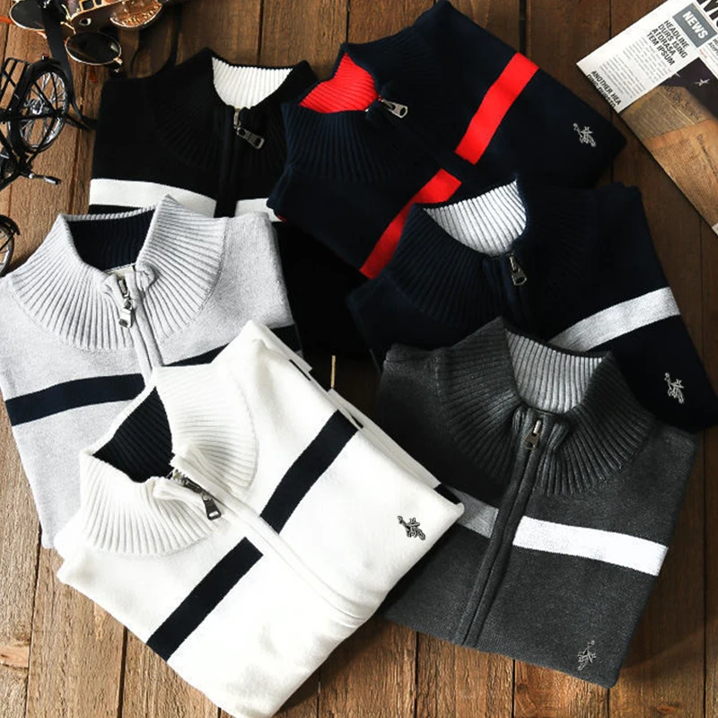 

100%Cotton Sweaters Autumn Winter Half Zipper Turtleneck Stripe Mens Casual Warm Sweaters Pullover Knitted High-quality 8502
