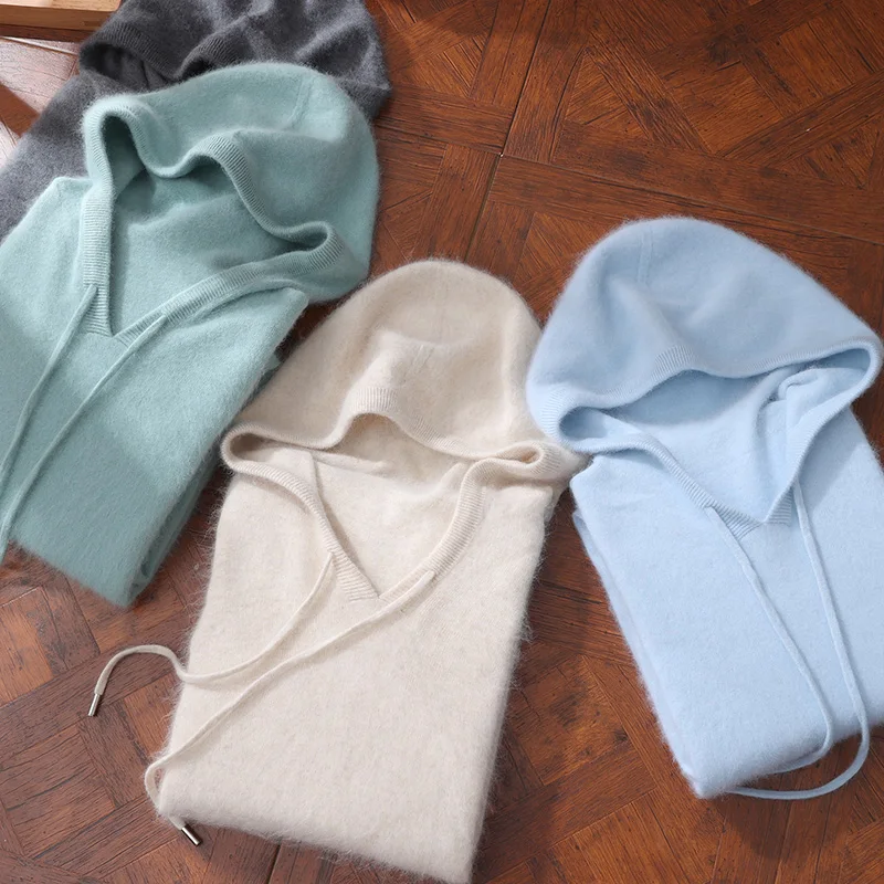 Men's hooded sweater autumn winter 100% mink cashmere sweater casual knitted pullover long-sleeved solid color loose knitted top 5