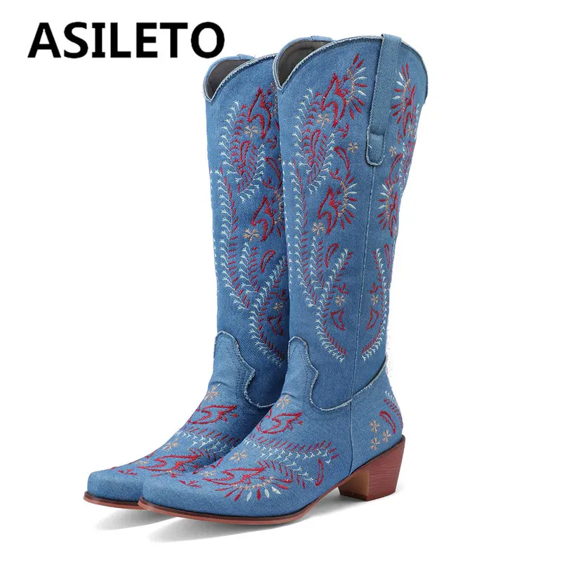 

ASILETO Cowboy Cowgirl Western Boots for Women Denim Block Heel 5cm Slip On Casual Outdoor Booty Embroidery Big Size 46 47 48