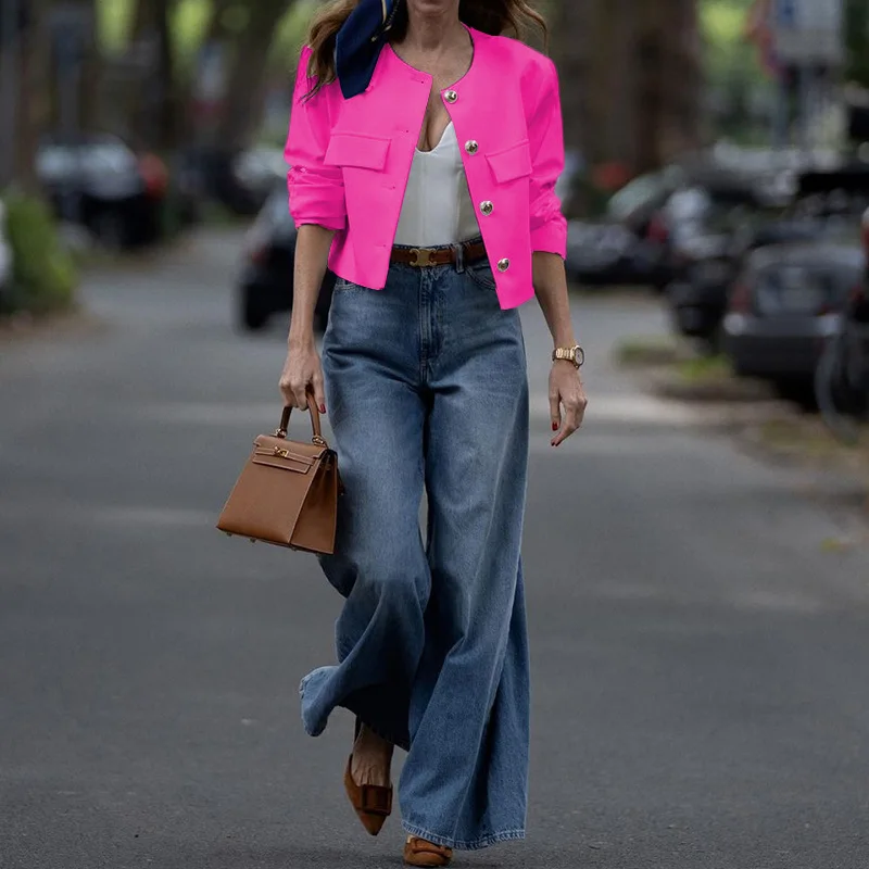 Spring and Autumn 2024 Women's Coat Slightly Suit Style New Fashion Elegant Cardigan Long Sleeved Round Neck Short Business
