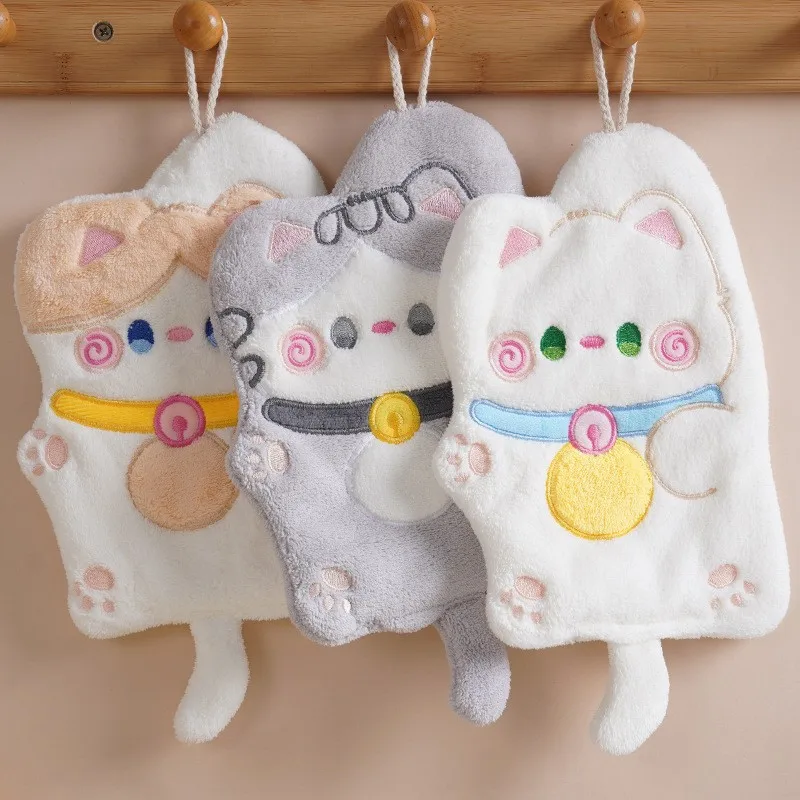 Description Picture 4 of itemCute Cat Hand Towel Quick Drying Kitchen Cleaning Rag Coral Velvet Cartoon Animal Absorbent Bathroom Hanging Towel Home Supplies