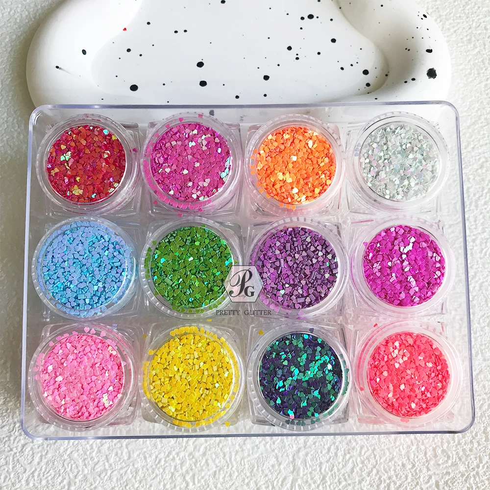 Nail Glitter Supplies 12 Colors Set Mini Love Hearts Shape For DIY Nail Decoration