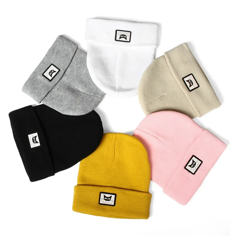 Autumn Winter New Fashion Trendy Knitted Hat for Women Pink Solid Patch Cute Cat Cuffed Beanies Female Ski Hat Girls 2