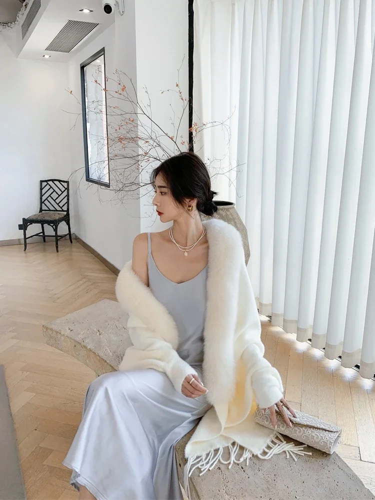 

Real Fox Fur Collar Coat Imitation Mink Plush Knitted Cardigan Fur Shawl Loose Tassel Winter Casual Slim Tops Women's Clothing