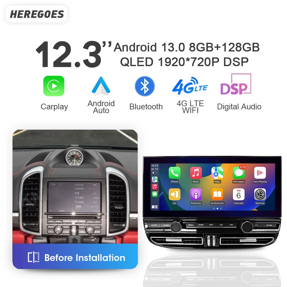 8 256g Carplay 12.3 "Auto Android 13 Auto DVD GPS Radio Multimedia-Player Navigation Qled Bluetooth für Porsche Cayenne 2016-2018