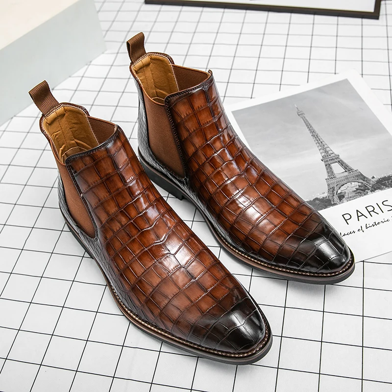 New Brown Chelsea Boots for Men Black Business Pointed Toe Slip-On Crocodile Pattern Handmade Men's Short Boots