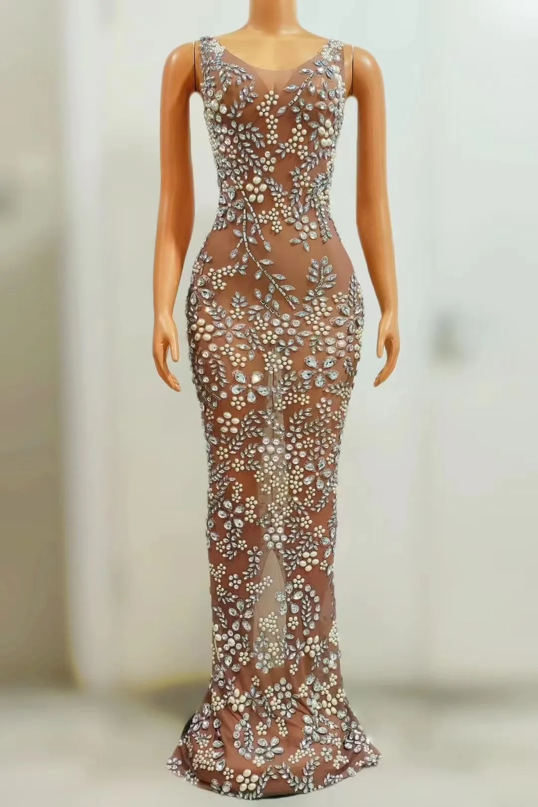 

Flashing Silver Crystals Pearls Sexy Transparent Feather Dress Evening Birthday Celebrate Mesh Stretch Evening Sleeveless Dress