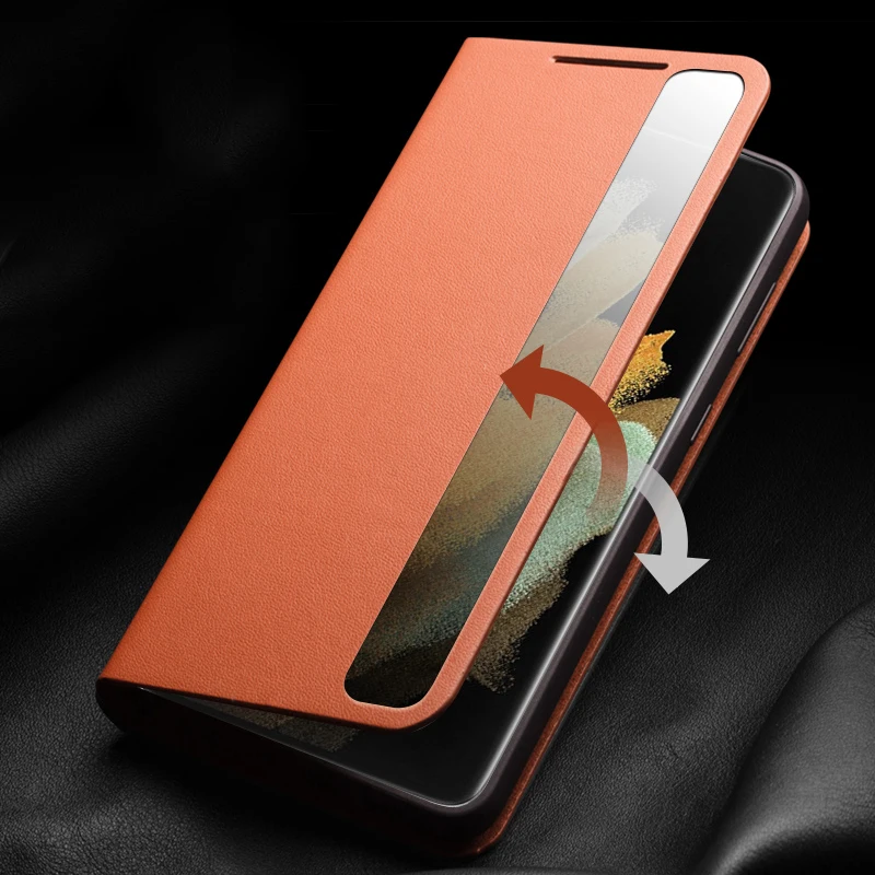 2022 New QIALINO Genuine Leather Case for Samsung Galaxy S21/S21+/S21 Ultra Light Phone Cover with Smart View Case for S21 Ultra