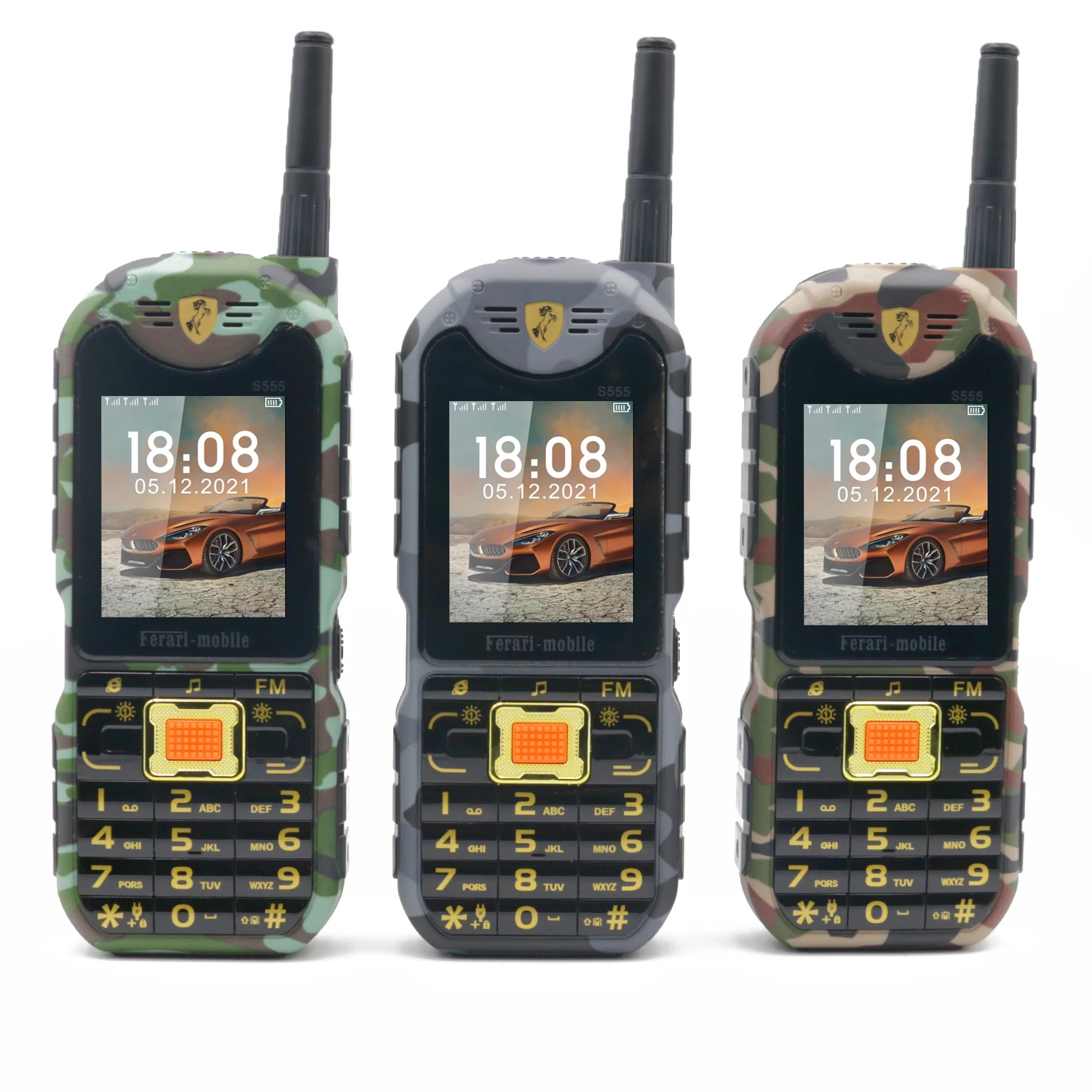 GSM 2G Camouflage Mobile Phone with Antenna Big Button Power Bank Torch Bluetooth 4 SIM Card Russian Keyboard Elderly Cellphones