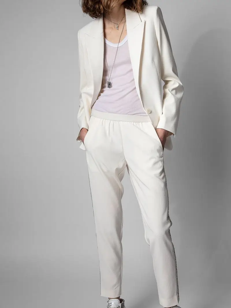

Women's suits 2022 spring and autumn new trend fashion noble women pure white V-neck ladies casual suit jacket top + trousers