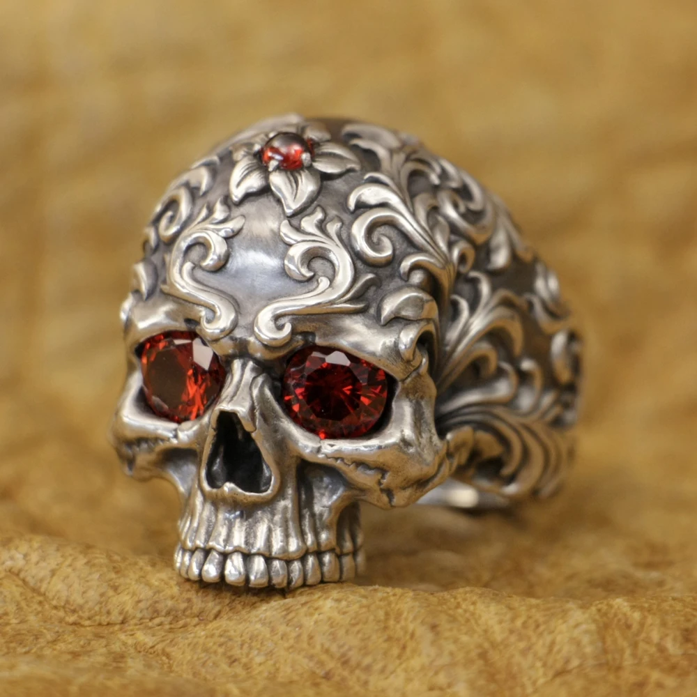 

Red CZ Eyes Tang Dynasty Engraving Pattern Skull Punk Ring TA439 US Size 8~15