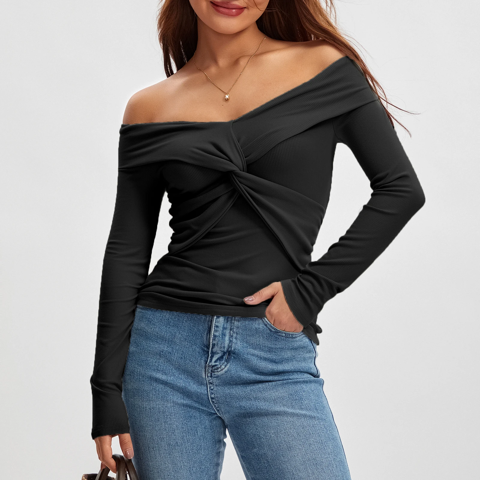 

Women's Slash Neck Knit Tops Fashion Solid Color Long Sleeve Off Shoulder Front Knot Knitwear for Spring Autumn