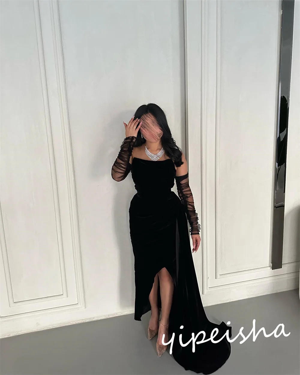 Prom Dress Saudi Arabia Velour Formal Evening A-line Strapless Bespoke Occasion  Anke Length