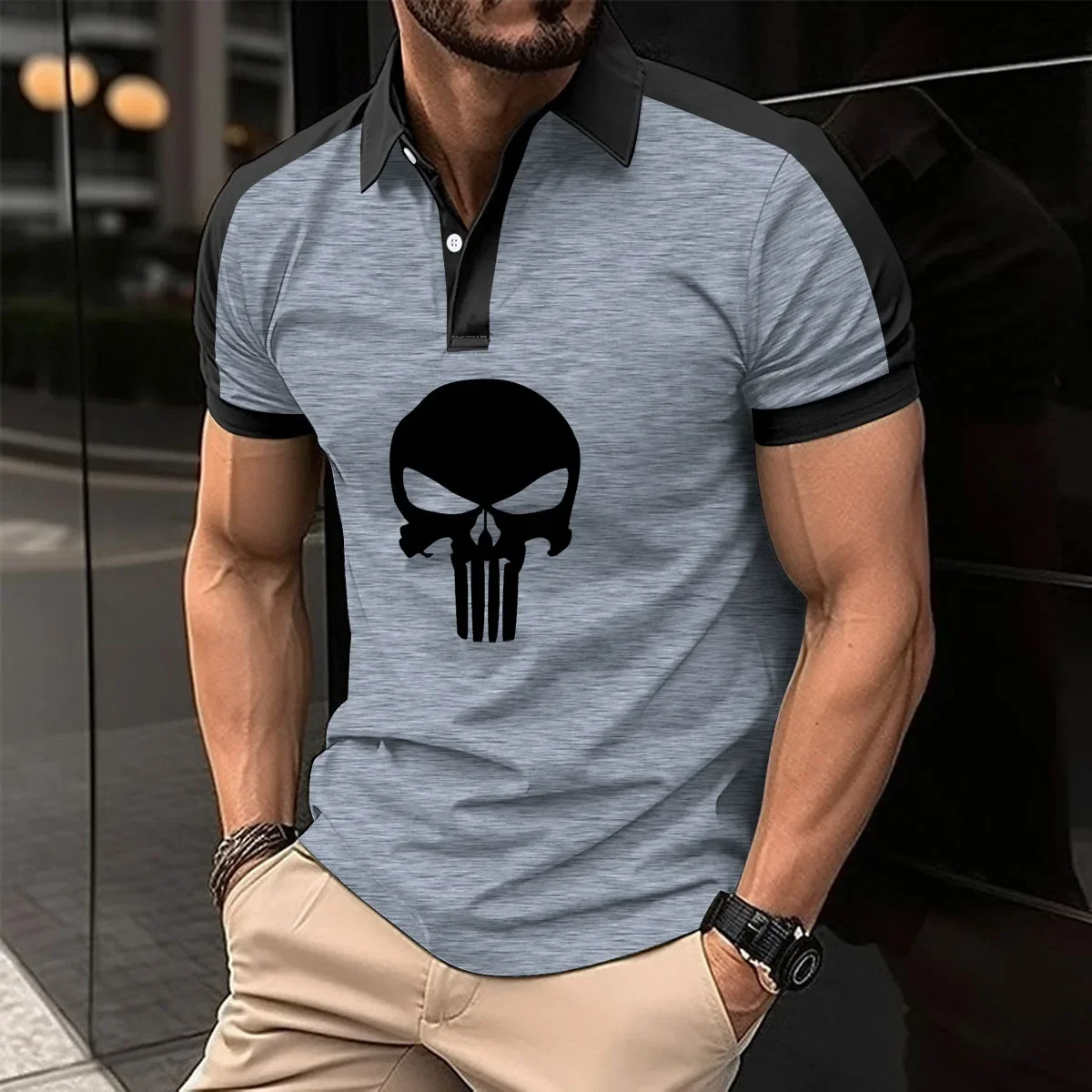 Description Picture 6 of item50% Cotton Polo Men Shirt Short Sleeve Polo Shirt Contrast Color Polo Skull print Summer Streetwear Casual Fashion Men tops