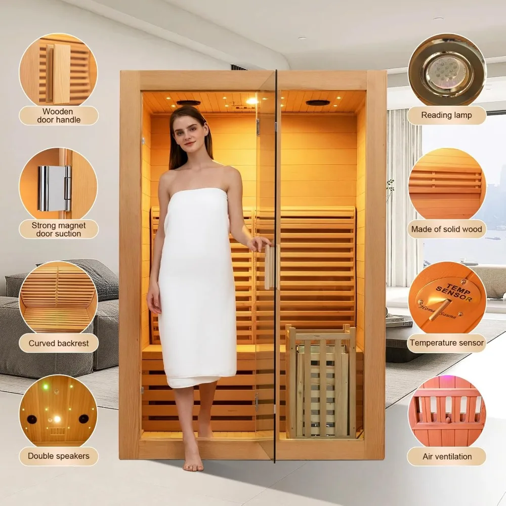 Wooden Steam Sauna Room, 2 Person Canadian Hemlock Luxurious Indoor Sauna with 3 KW Harvia Stove Heater, Bluetooth Speaker 5