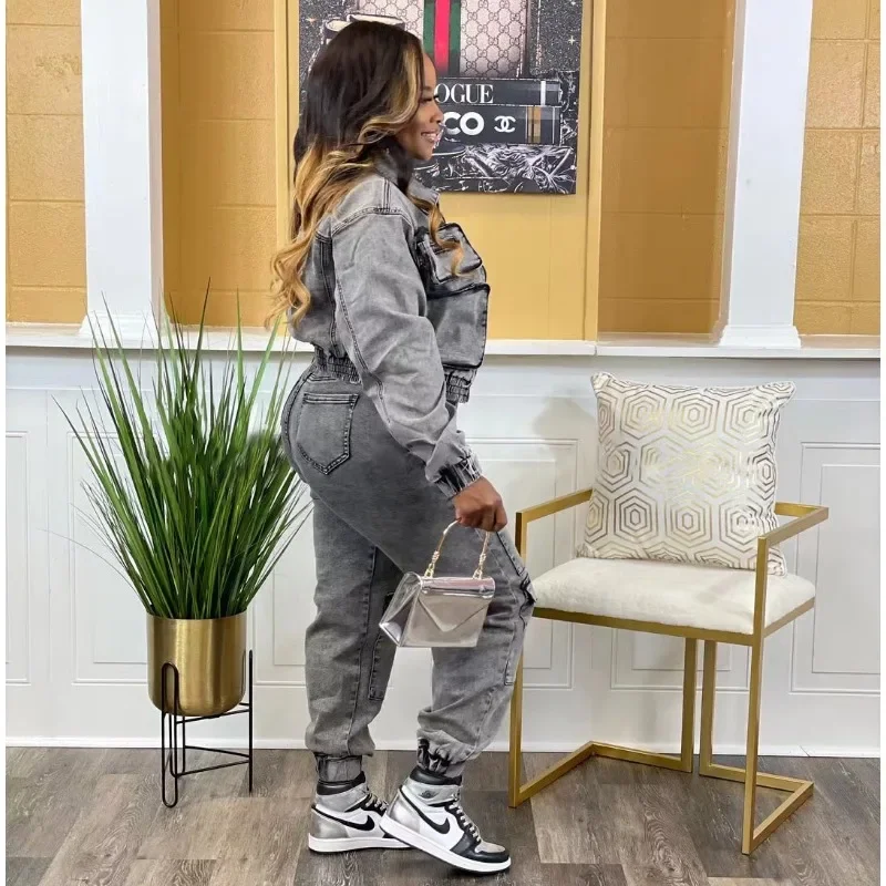 Solid Denim Cargo 2 Piece Set Women Autumn Long Sleeve Zipper Pockets Short Jacket High Waist Button Fly Jeans Pants Streetwear