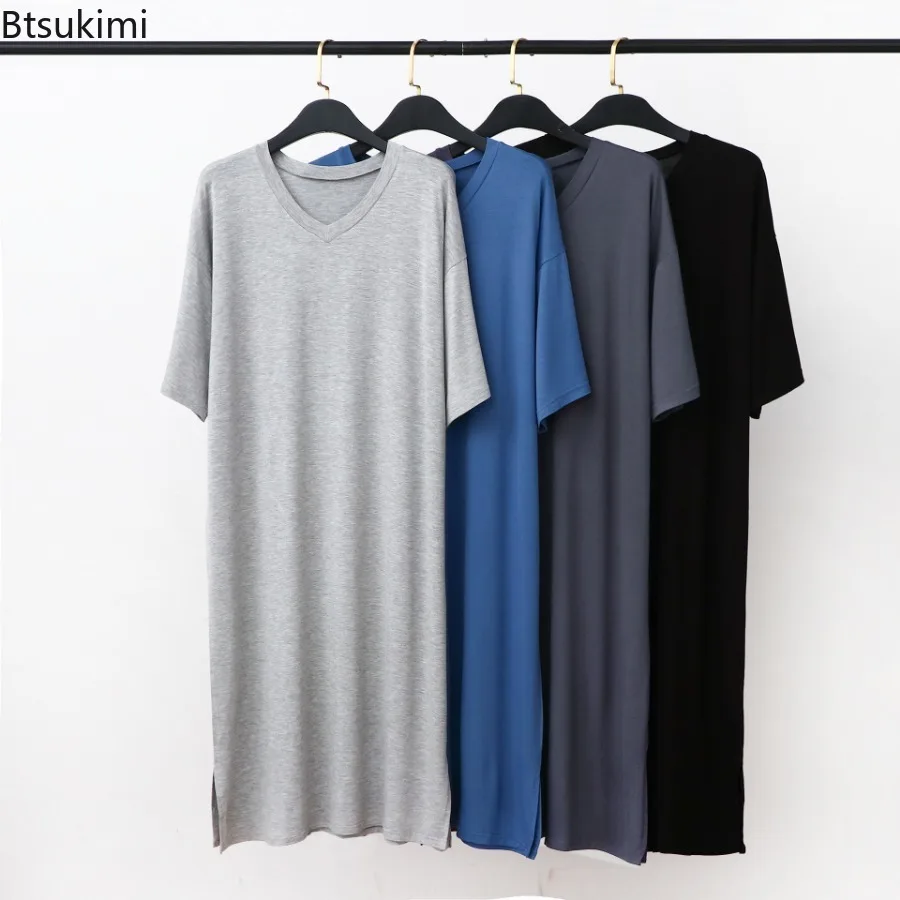 

2024 Men's Modal Pajamas Home Clothes Short-sleeved V-neck Mid-length One-piece Nightgown Summer Men's Solid Loose Thin Bathrobe