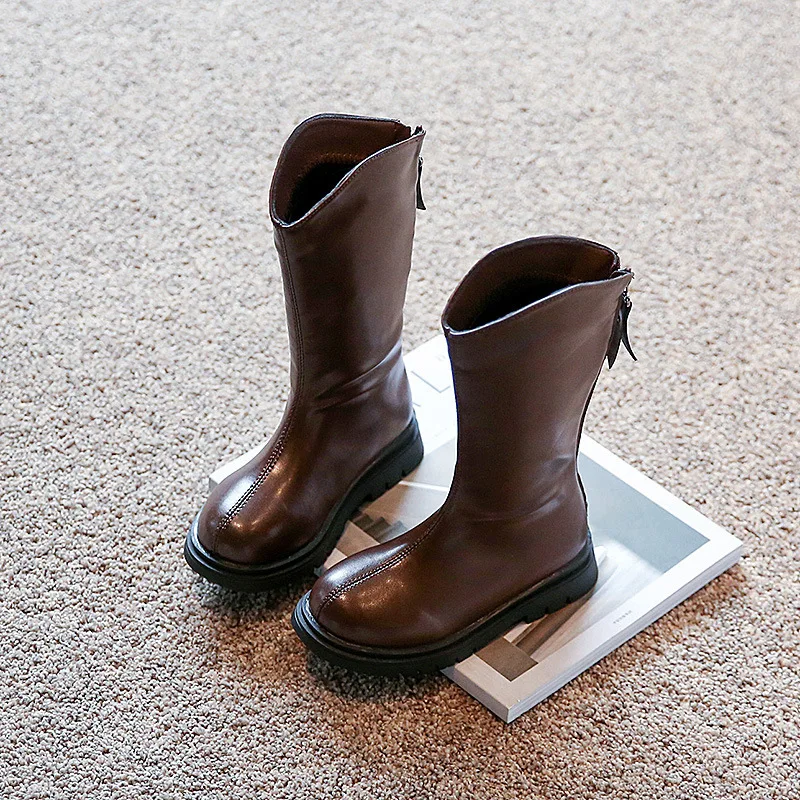 

Winter Boots for Girls Plush Warm Black Brown Mid-calf Children Long Boot Pu Leather Fashion 26-36 Round Toe Soft Kids Shoes