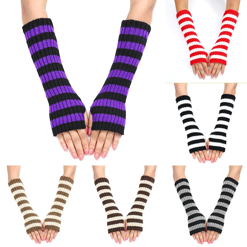 1 Pair Winter Fingerless Arm Warmer Knitting Gloves Arm Cover Long Glove Stripes Stretch Mid-length Mittens Soft