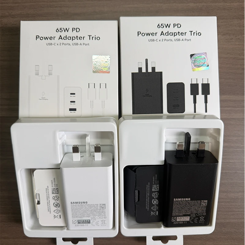 Chargeur mural Samsung 65W EU/UK/US à 3 ports, super rapide, pour téléphone portable et tablette Samsung de toutes les séries, avec câble 1M 5A