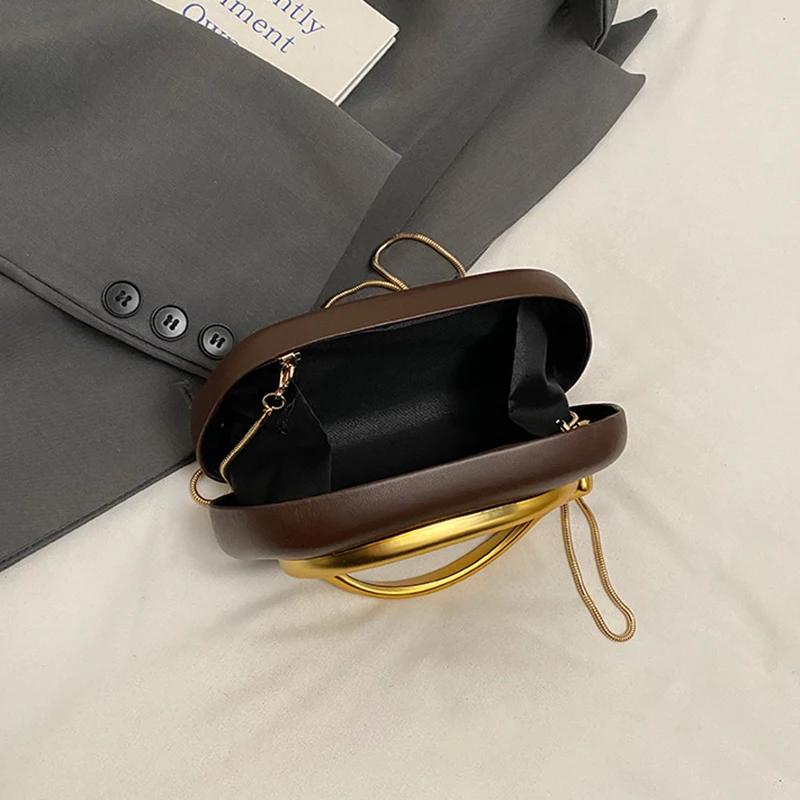 New Clutch Bag Metal Handle Design Evening Bag Round Box Chain Bag Elegant Woman Shoulder Bags PU Crossbody Bag