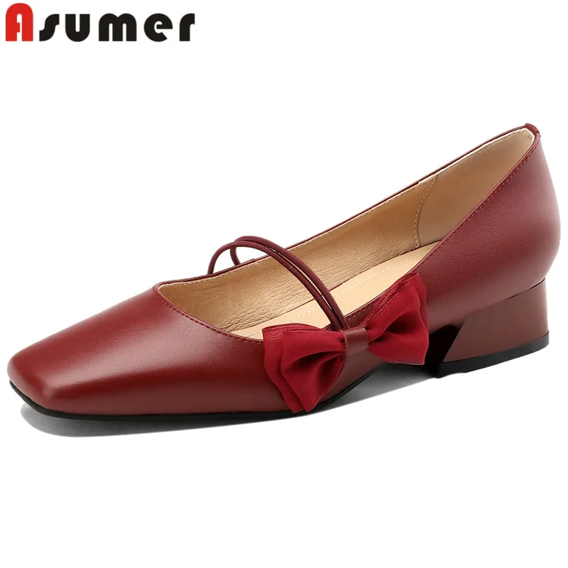 

ASUMER 2024 New Ladies Mary Janes Slip On Shoes Butterfly Knot Genuine Leather Shoes Woman Square Med Heels Party Pumps