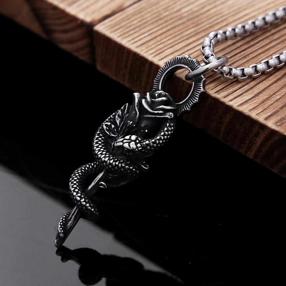 

Punk Vintage 316L Stainless Steel Snake Pendant Necklace Creative Fashion Rose Necklaces For Men Boys Party Amulet Jewelry Gifts