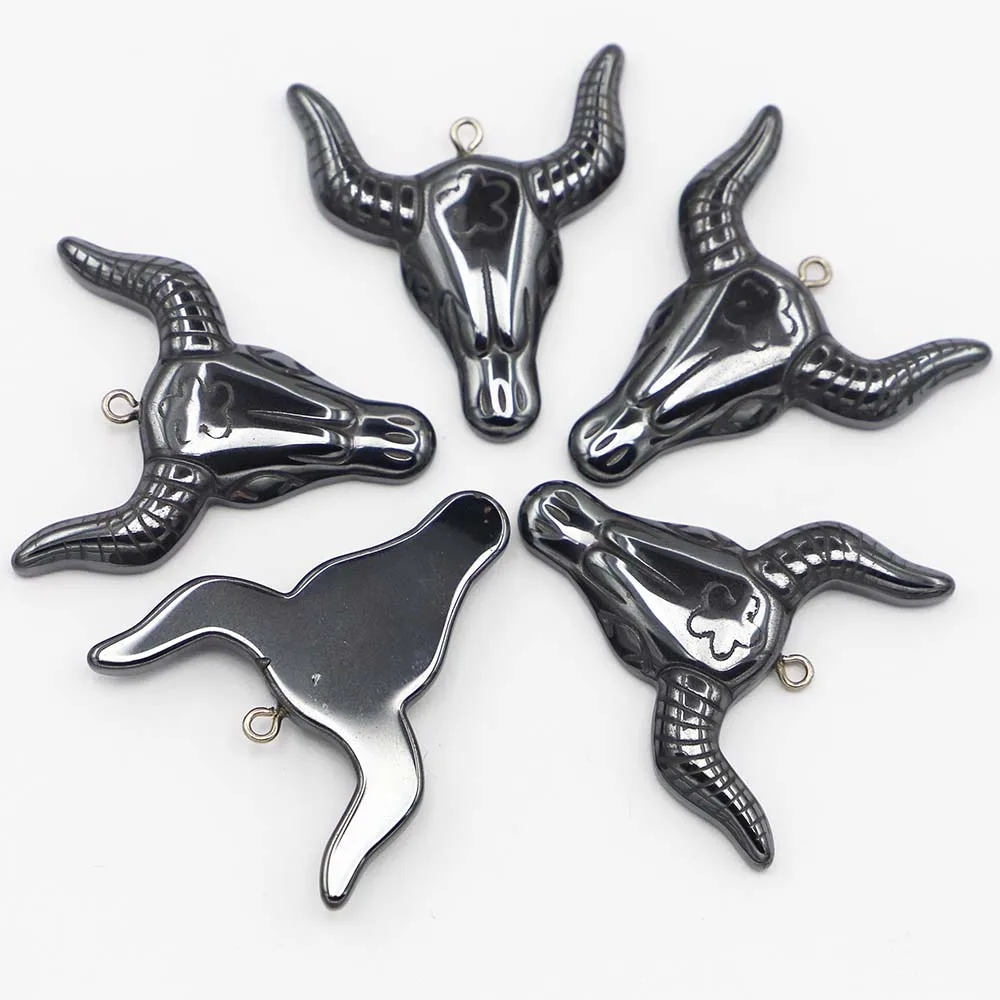 Natural Hematite Carved Bull Head Pendant Punk Hip Hop Black Gallstone Necklace Fashion Charm Jewelry Accessories Wholesale 10Pc