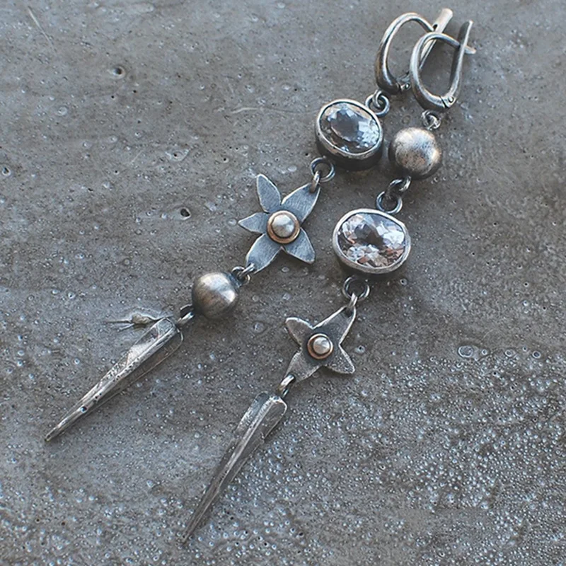 Fringed Vintage Unique EarringsNeo Geometry Antique Silver Plated Long Rhinestone Star Drop Earringsfashion earringsboho earring |
