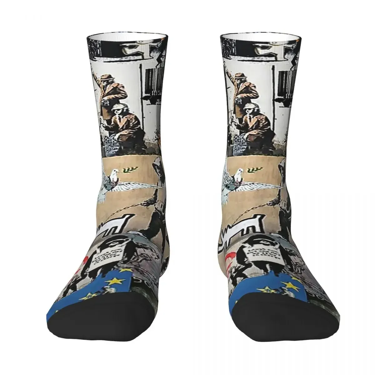 

All Seasons Crew Stockings Banksy Collage Socks Harajuku Funny Hip Hop Long Socks Accessories for Men Women Christmas Gifts